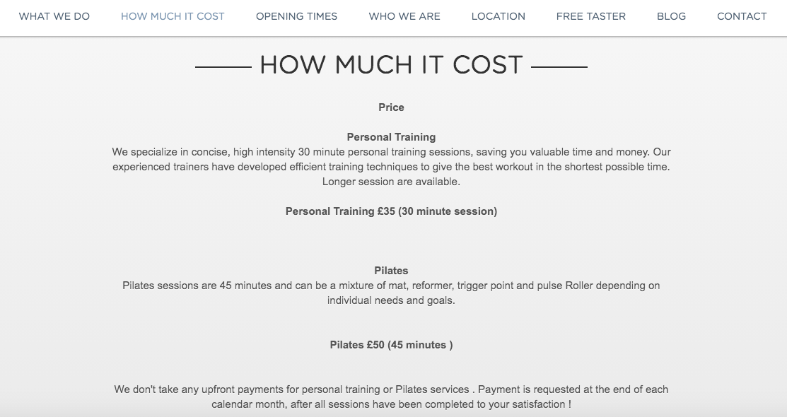 Pricing packages of a fitness training services website built on Strikingly Pricing packages of a fitness training services website built on Strikingly